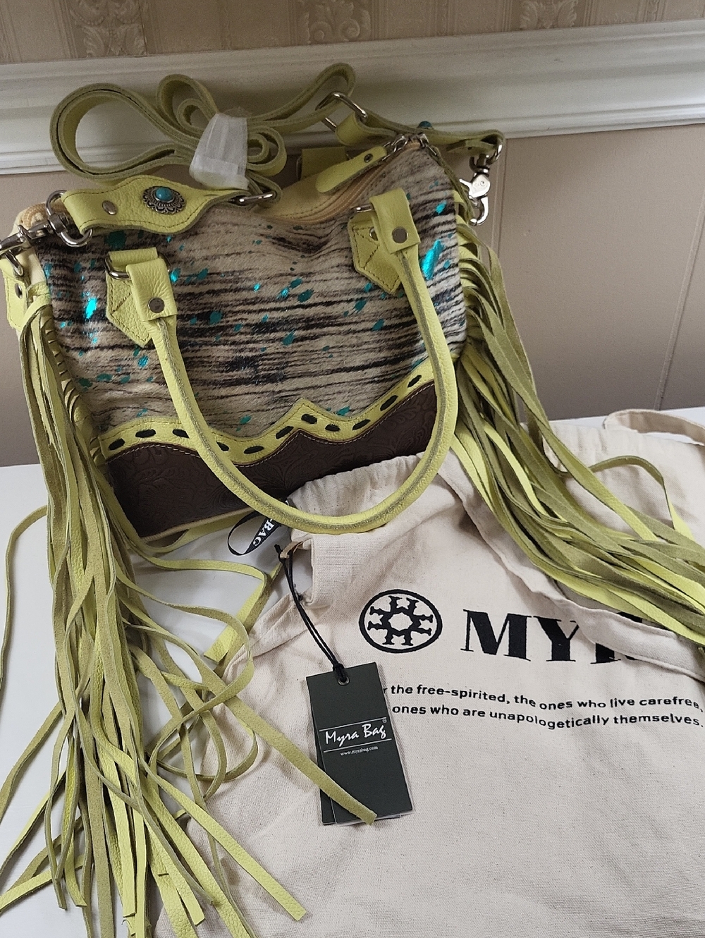 Nwt, Myra CONCEALED WEAPON BOHO FRINGE PURSE, CHARTREUS LIGHT YELLOW/GREEN